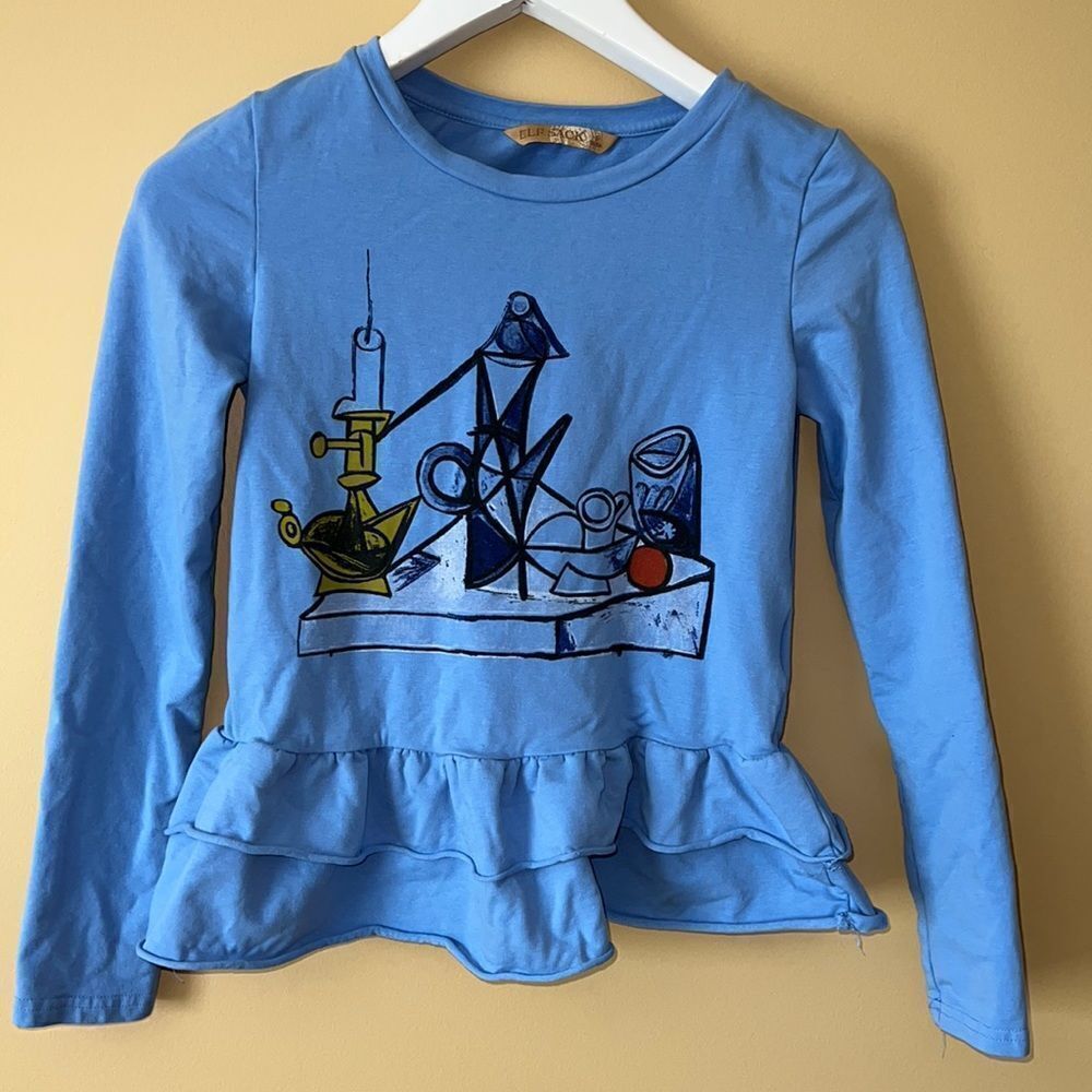 ELF SACK top. Blue with graphic design. Size small.